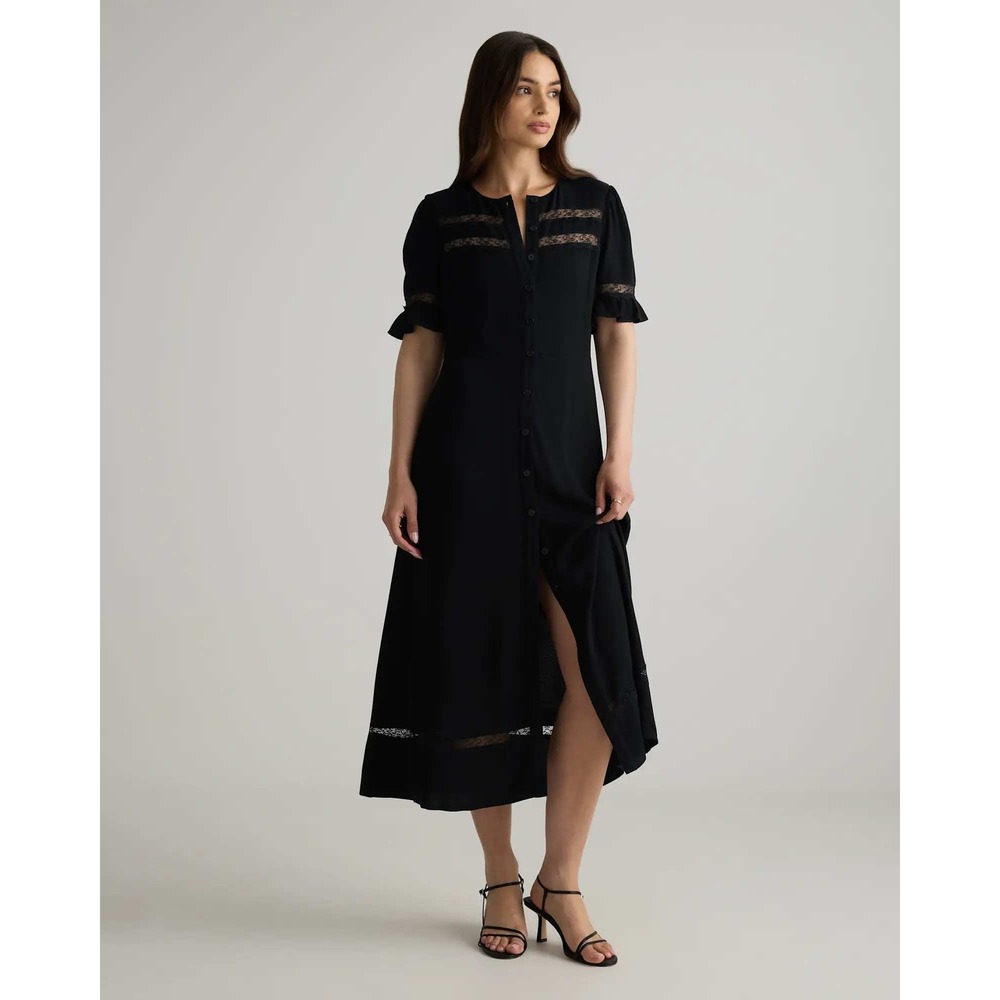 Quince Womens Lightweight Crepe Lace Inset Midi Dress Black Small NWT